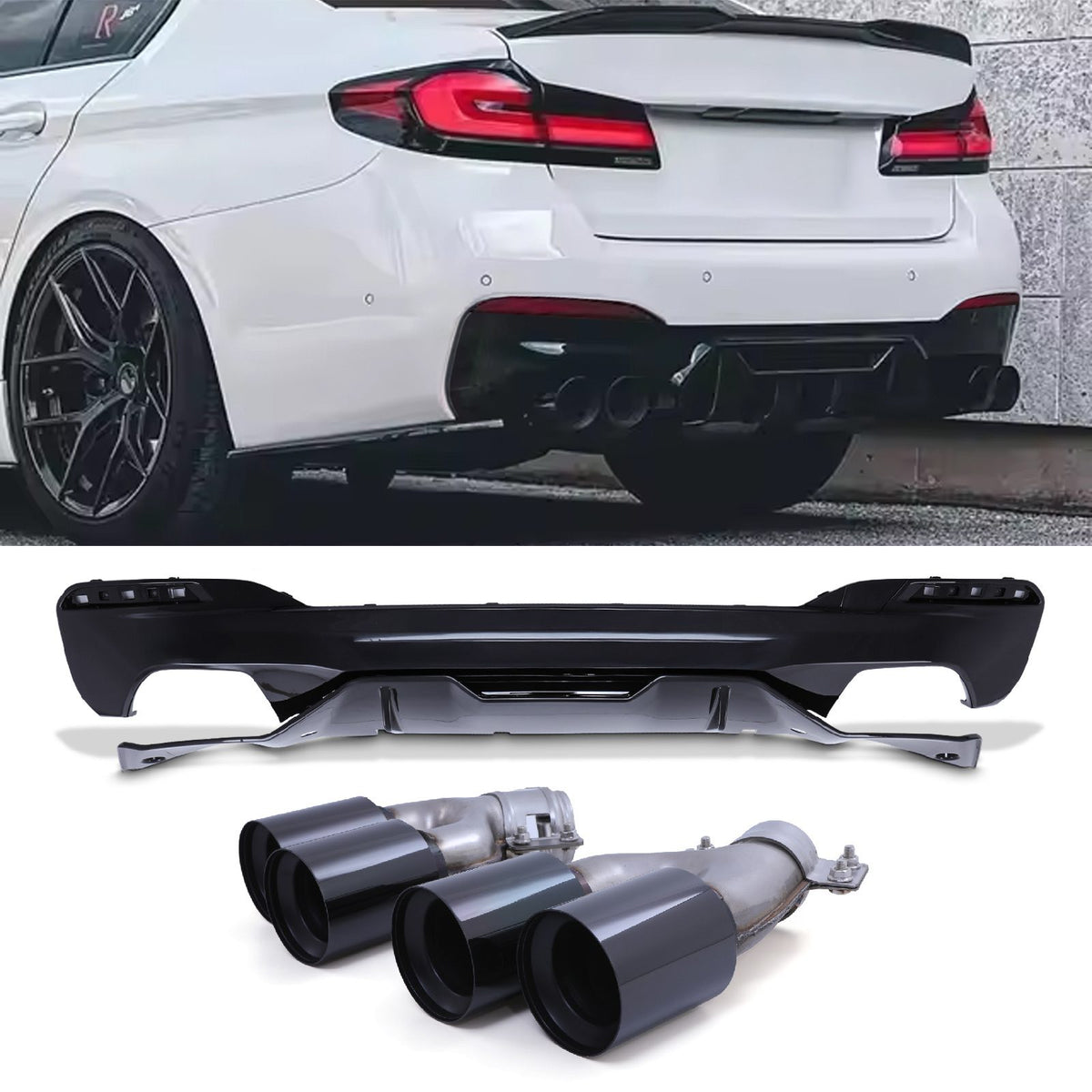 Gravity Performance Quad Exhaust Rear Diffuser & Tail Pipes Gloss Black - BMW 5 Series G30 2018-2023