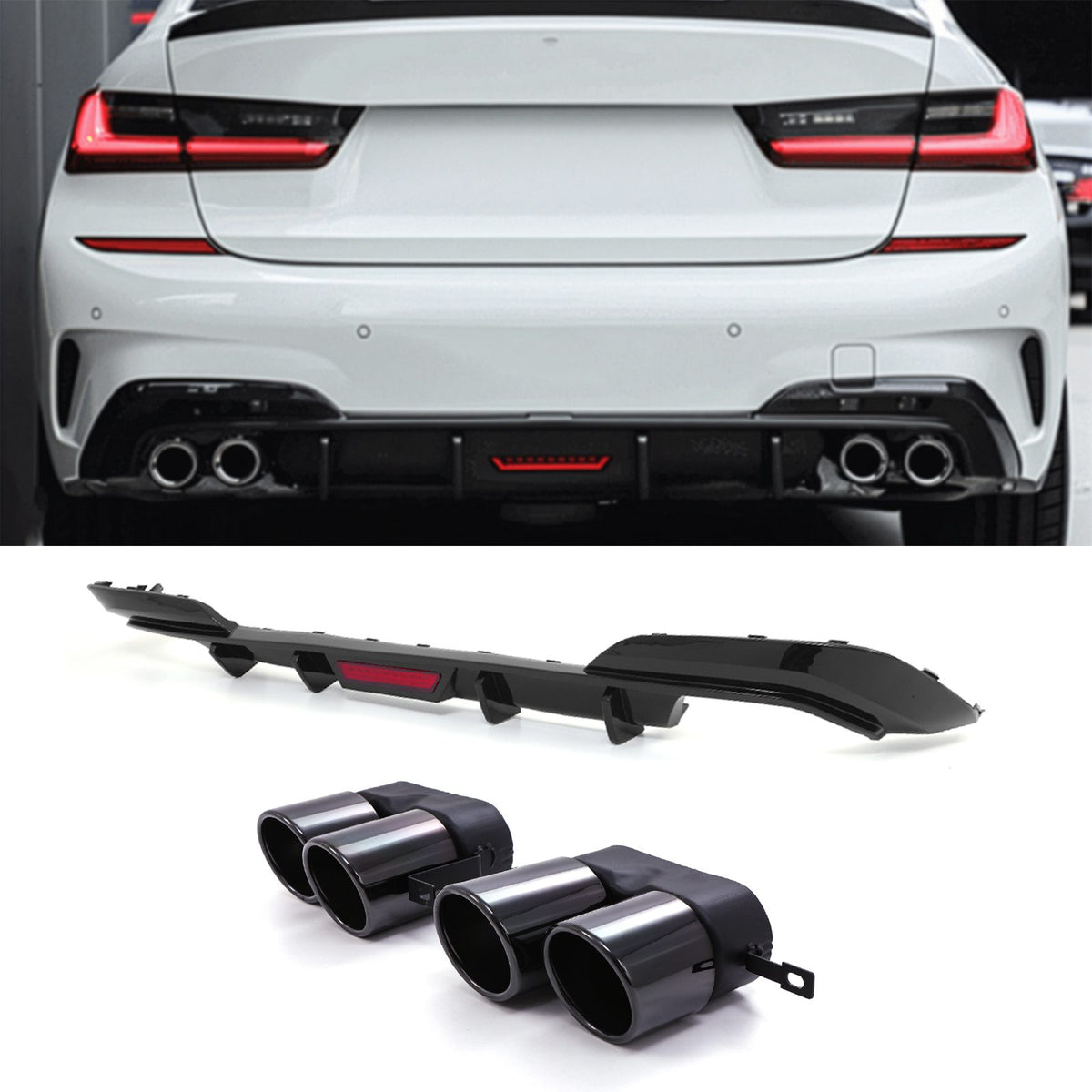 Gravity Performance Rear Diffuser With LED & Tailpipes Gloss Black - BMW 3 Series G20 Pre-LCI 2019-2021