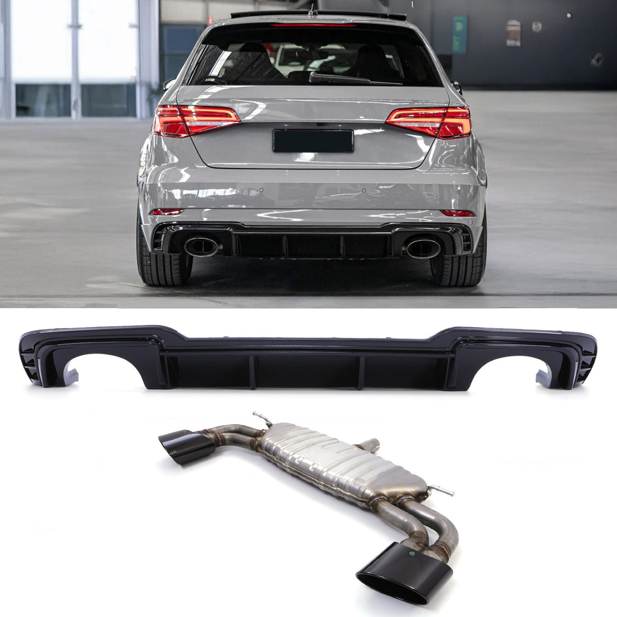 Gravity Performance RS3 Style Rear Diffuser & Exhaust Backbox - Audi A3 S-Line 8V Facelift Hatch 17-20
