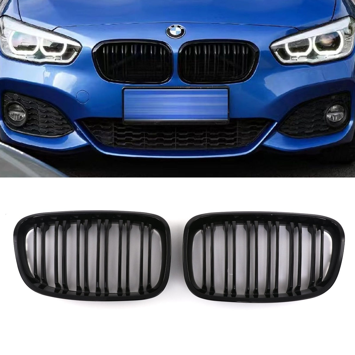 Gravity Performance Double Bar Style Front Kidney Grille Gloss Black - BMW 1 Series F20 F21 11-15