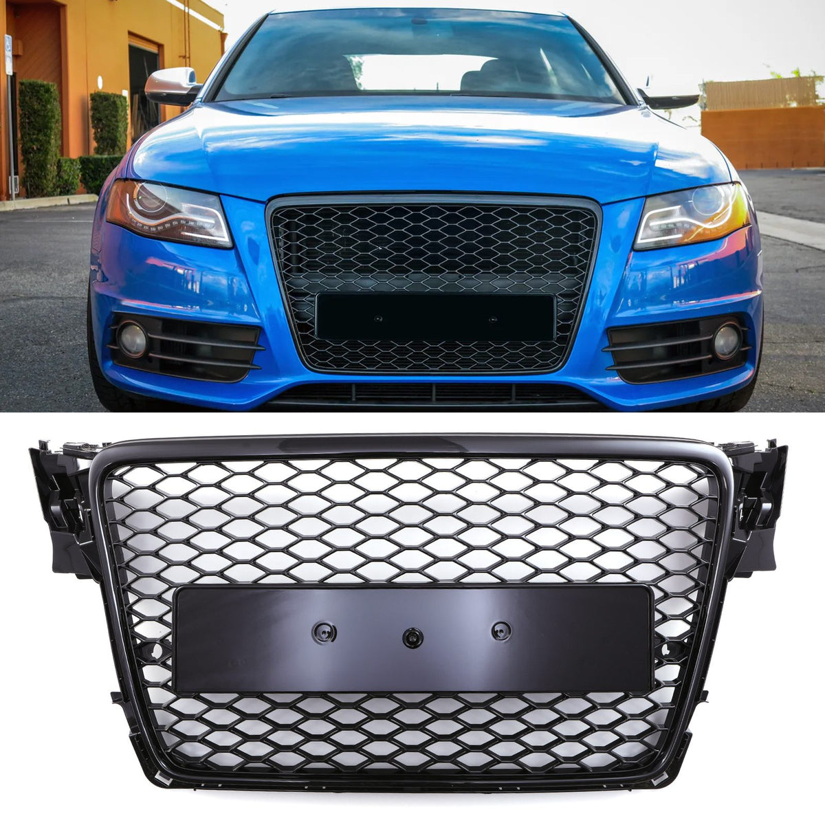 Gravity Performance RS4 Style Front Honeycomb Badgeless Grille Black - Audi A4 B8 08-13
