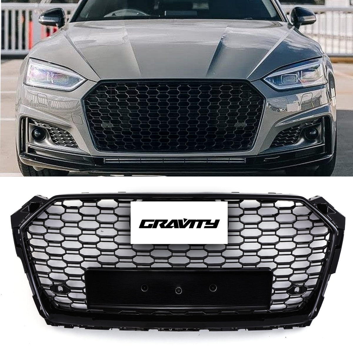 Gravity Performance RS5 Style Front Honeycomb Grille Gloss Black - Audi A5 B9 F5 17-20