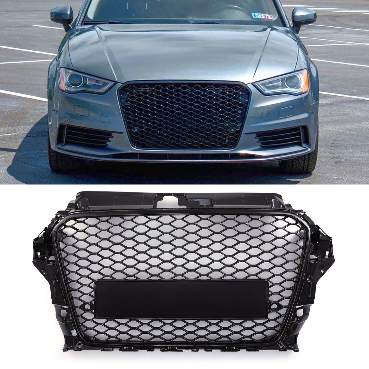 Gravity Performance RS3 Style Front Honeycomb Badgeless Grille Black - Audi A3 8V 13-16