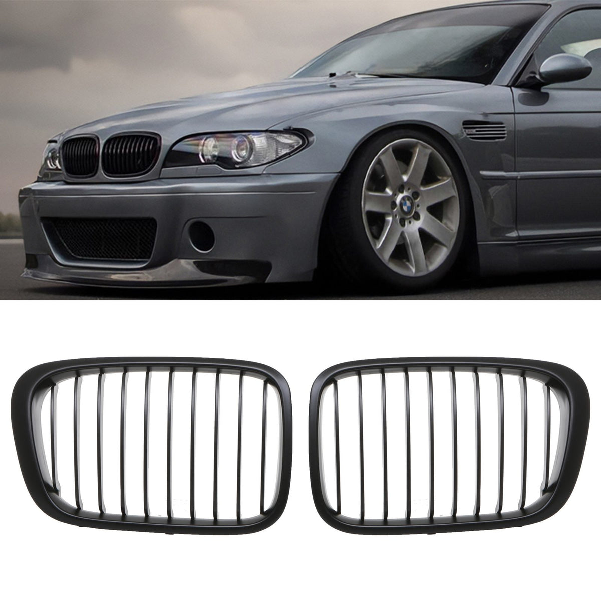 Gravity Performance Gloss Black Front Kidney Grilles - BMW 3 Series E46 2 Door 99-03