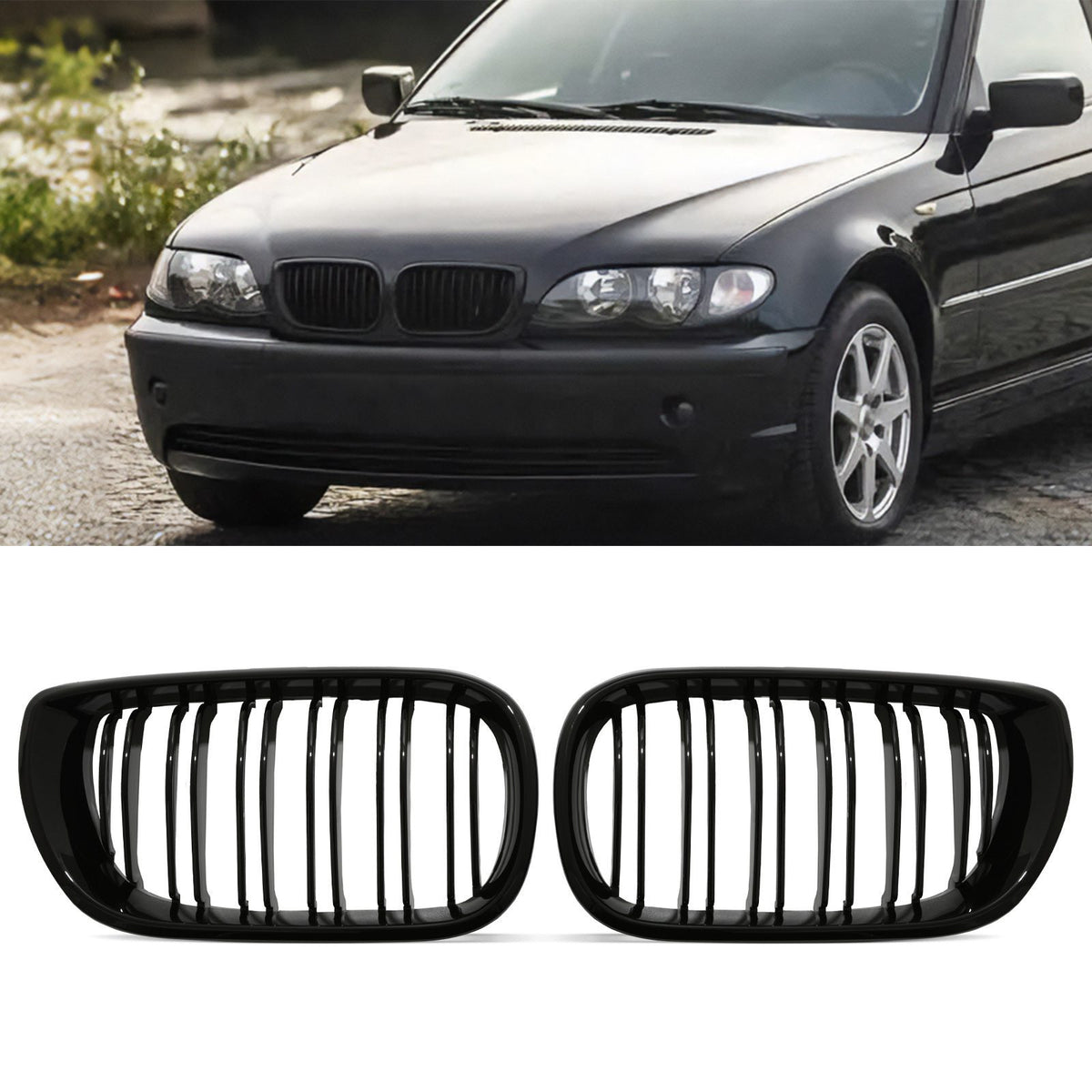 Gravity Performance Gloss Black Front Kidney Grilles - BMW 3 Series E46 4 Door LCI 02-05