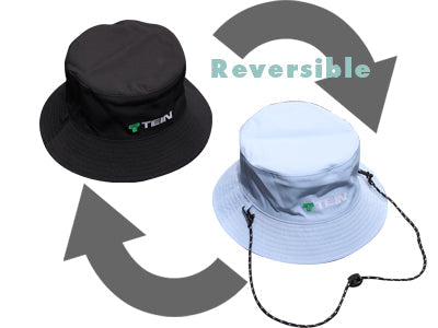 TEIN reversible bucket hat, black and light blue, with removable chin strap (TN003-006).