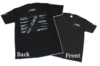 TEIN black T-shirt product view (TN004-006; sizes M, L and XL).