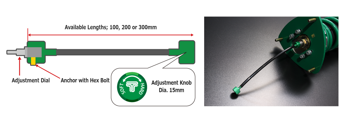 TEIN Flexible Controller showing 100, 200 and 300 mm cable lengths; select FLK01-AA100, FLK01-AA200 or FLK01-AA300 by variant.