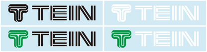 Official TEIN color comparison of the four 200 × 35 mm sticker variants: black, white, green mark with black lettering, and green mark with white lettering